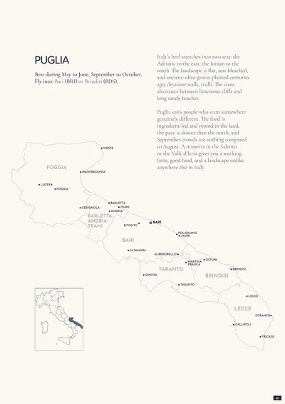 Een kaart van Puglia uit het e-book van Rouchelli, van Foggia en Bari tot Lecce in de hak van Italië