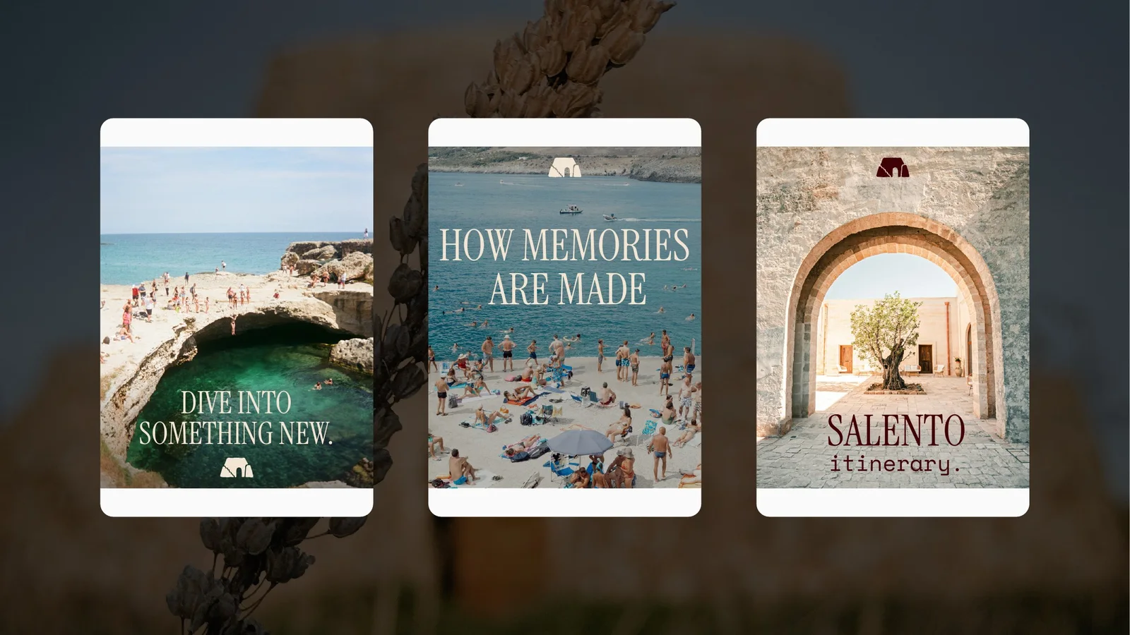 Drie Instagram-stories van Salento.com: een baai om in te duiken, een vol strand en een poort met een olijfboom